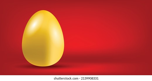 A single glittering golden egg. on a simple red background and has a large copy space graphic objects with illustrations shiny gold surface