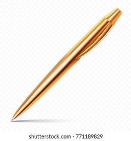 Single gold pen with fine shadow isolated on transparent background. Vector illustration for your design.