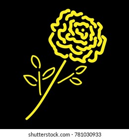 Single gold rose sign. Image of floral. Yellow icon isolated on black background. Bloom flower symbol. Logo for romantic. Florist content. Mark of blossom. Stock vector illustration