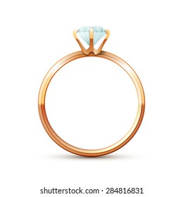 Single gold wedding diamond ring on white background