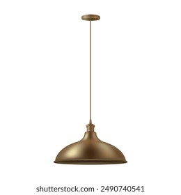 A single, gold-colored pendant light fixture hangs against a white background. The light fixture has a simple, round design with a long cord. It is not turned on.