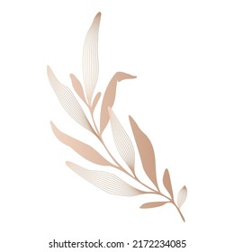 Single golden branch isolated on white. Elegant luxury leaf in minimalist style for invitation card.