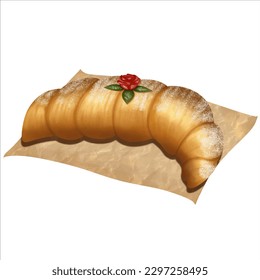Single Golden Croissant with Icing Sugar and Rose Topping Element Vector