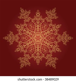 Single golden detailed snowflake on red background