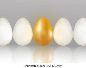 Single golden egg shining among ordinary white eggs. The concept of uniqueness. One row of eggs background with reflection. Realistic Vector 3d illuctration.
