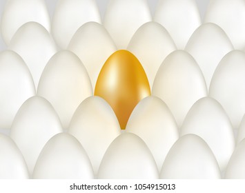 Single golden egg shining among ordinary white eggs. The concept of uniqueness. Rows with many eggs background. Vector 3d realistic illuctration