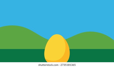 A single golden egg stands in a stylized landscape with green hills and blue sky