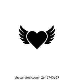 Uma única ilustração gráfica mostra uma silhueta em forma de coração preto adornada com asas estilizadas, retratadas contra um fundo branco limpo. Ideal para o amor ou temas angelicais.