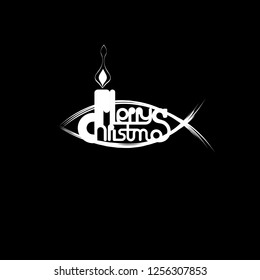 single graphic symbol of Jesus fish with greeting text Merry Christmas inside, on black - Powered by Shutterstock - Get 15% off with code: PIKWIZARD15