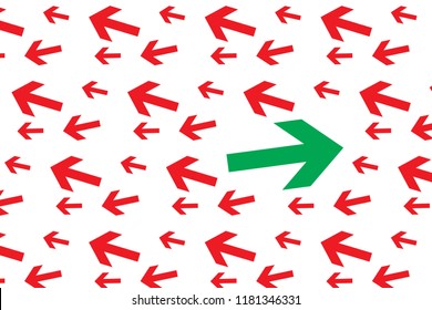 Single green arrow pointing right against repeat pattern of red arrows pointing in the opposite direction left. Concept for overcoming adversities, perseverance, insist on way. Vector illustration.