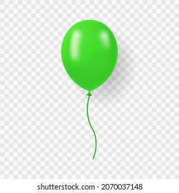 Single Green Balloon With Ribbon On Transparent Background. Round Air Ball With String For Party, Birthday, Anniversary, Celebration. Green Realistic Ballon. Isolated Vector Illustration.