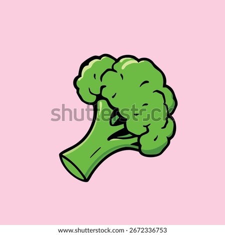 A single green broccoli floret, children's book style, flat vector graphic with a thick black outline, bold solid green colors, isolated on a light pink background
