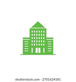 Ícone de edifício verde único com um design simples e minimalista representando a arquitetura. Perfeito para gráficos relacionados à educação, edifícios governamentais ou institucionais.
