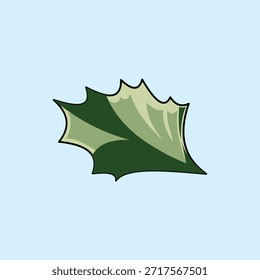 Una sola ilustración de hoja de acebo verde con puntos afilados y detalles sombreados sobre un fondo azul claro. Perfecto para diseños de temporada de invierno minimalistas y temas de naturaleza botánica.