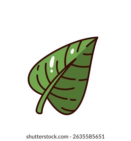 Folha verde única com veias escuras e forma curva, com destaques brilhantes. Estilo simples de desenho animado groovy. Ilustração vetorial para design ecológico, logotipos ou elementos de farm.