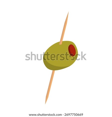 single green olive stuffed with red pepper on wooden toothpick