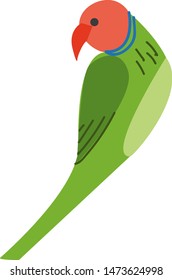 A single green parrot with bright red beaks, vector, color drawing or illustration.