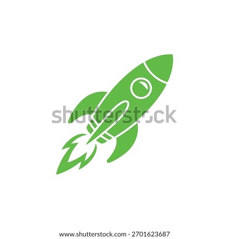 Single green rocket ship illustration against a white background, featuring a streamlined body with a round window and a flame plume indicating liftoff.