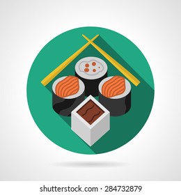 Single green round flat color style vector icon for sushi serving set with soy sauce and chopsticks on gray background.