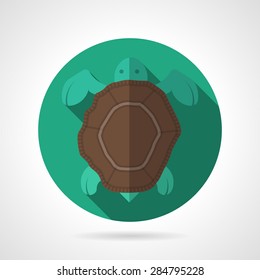 Single green round flat color style vector icon for sea turtle with brown shell on gray background with long shadows.