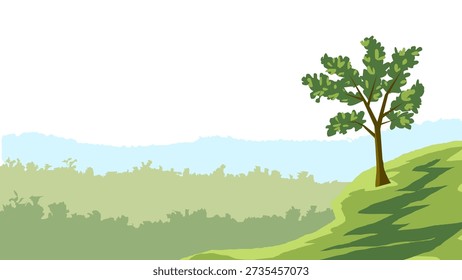 A single green tree on a grassy hill overlooking a soft, misty forest. Peaceful minimalist landscape for eco-friendly designs.