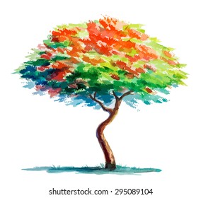 Single green tree with red flowers isolated on white background. Watercolor illustration