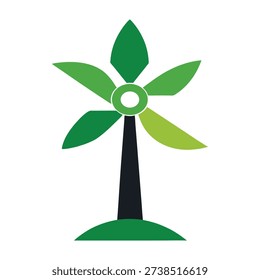 A single green wind turbine with five blades stands on a small green mound on a white background