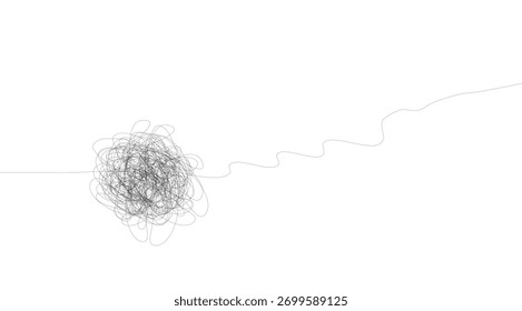 A single grey line forms a tangled knot on a stark white background, then unravels into a serene, winding path conveying a journey from complexity to simplicity