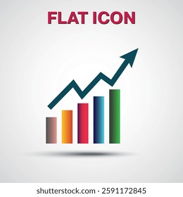 Single grow arrow pointing up on chart graph bars icon, success graph trending upwards flat design interface infographic element web button, vector illustration