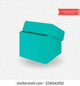 Single half open cardboard green blue box. Front view. Package isolated on transparent background. Realistic Vector Illustration.