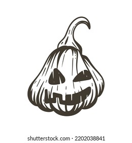 Single halloween pumpkin head hand engraving. Scary pumpkin lantern black sketch on white background. Terrible character on holiday isolated vector illustration