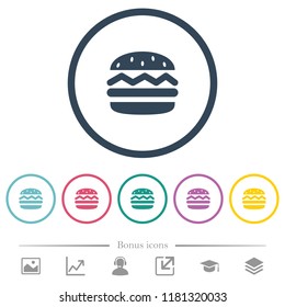 Single hamburger flat color icons in round outlines. 6 bonus icons included.