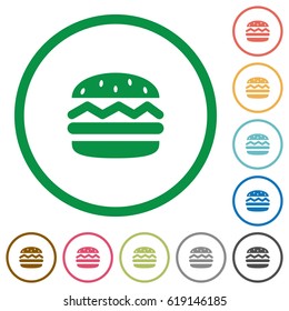 Single hamburger flat color icons in round outlines on white background