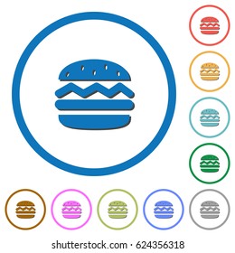 Single hamburger flat color vector icons with shadows in round outlines on white background