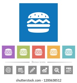 Single hamburger flat white icons in square backgrounds. 6 bonus icons included.