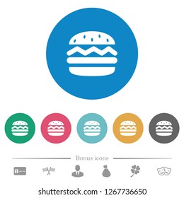 Single hamburger flat white icons on round color backgrounds. 6 bonus icons included.