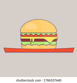 Single hamburger on red tablet isolated on grey background. Food icon. Simple design. Stock vector illustration. 