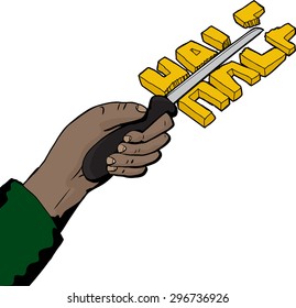 Single hand cutting word in half with knife