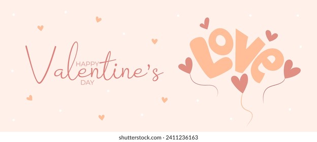 Einzelhandgezeichnet Banner mit Ballonherzen und Wortliebe für Valentinstag. Herzlichen Glückwunsch Valentinstag und Button lesen Sie mehr. Pfirsichfarben, Rot, Braun und Rosa.Cartoon-Stil. Vektorgrafik