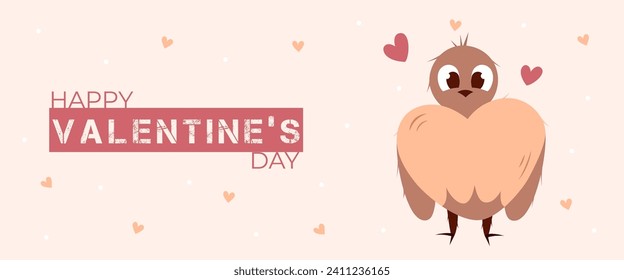 Single hand draw banner with bird and hearts for Valentine's day. Happy Valentine's day and button read more. Peach fuzz, red, brow and pink colors.Cartoon and doodle style. Web vector illustration