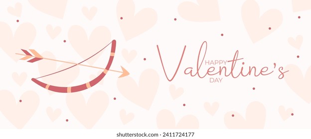 Single hand draw banner with bow and arrow hearts for Valentine's day. Happy Valentine's day and button read more. Peach fuzz, red, brow and pink colors.Cartoon style. Web vector illustration