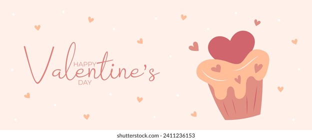 Single Hand draw banner with cupcake and hearts for Valentine's day. Happy Valentine's day and button read more. Peach fuzz, red, brow and pink colors.Cartoon style. Web vector illustration