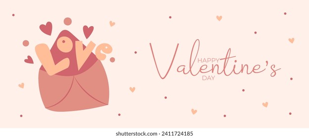 Single hand draw banner with envelope hearts and word love for Valentine's day. Happy Valentine's day and button read more. Peach fuzz, red, brow and pink colors.Cartoon style. Vector illustration