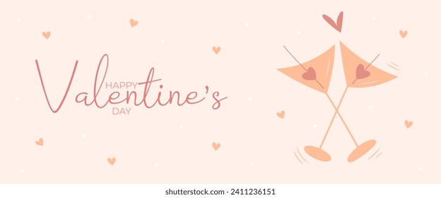 Single hand draw banner with two glasses of martini, hearts for Valentine's day. Happy Valentine's day and button read more. Peach fuzz, red, brow and pink colors.Cartoon style.Vector illustration