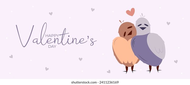 Single hand draw banner with two bird and hearts for Valentine's day. Happy Valentine's day and button read more. Peach fuzz, red, purple brow and pink colors.Cartoon style. Web vector illustration