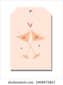 Single hand draw valentine labels,badge isolated on white.Label with two glasses of martini and hearts. Tag in doodle style. Peach fuzz,beige, pink and red colors.