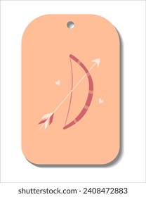 Single hand draw valentine labels,badge isolated on white.Label with bow and arrow and hearts. Tag in doodle style. Peach fuzz,beige, pink and red colors.