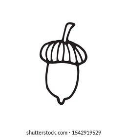 Single hand drawn acorn for autumn decoration. Doodle vector illustration. Isolated on white background