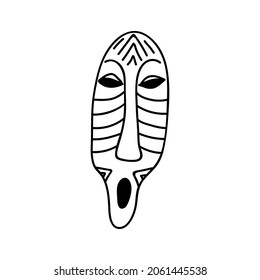 Single hand drawn african wooden mask. Doodles vector illustration. Isolated on a white background.