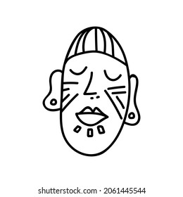 Single hand drawn african wooden mask. Doodles vector illustration. Isolated on a white background.